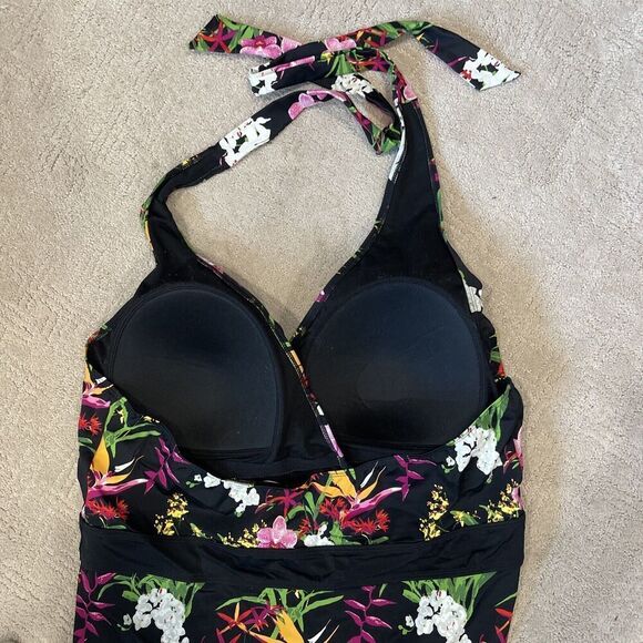 G.I.L.I. Plus Size 24W Black Floral Print One Piece Swimsuit Halter Padded NEW - Picture 9 of 11